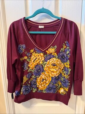 Women's V-Neck Floral top from Anthropol - Burgundy with Yellow & Purple Bouquet